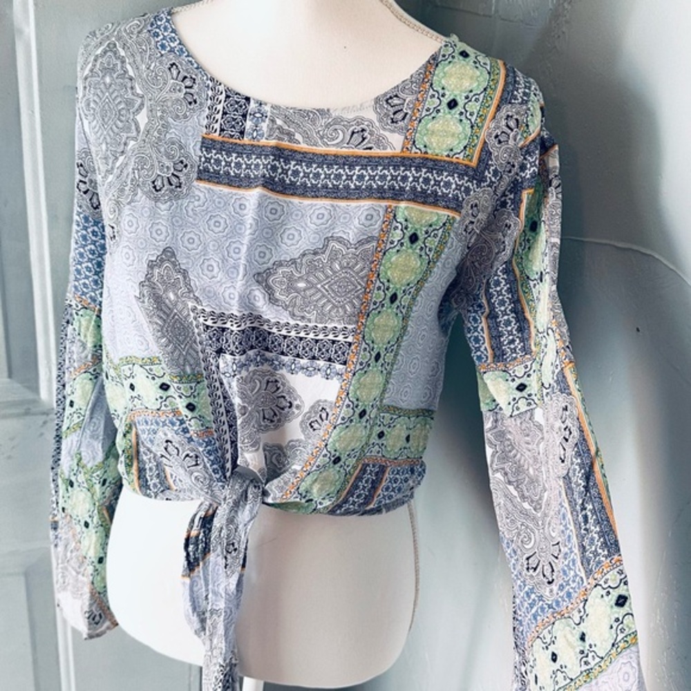 Altar'd State Blue Green Long Sleeve Crop Blouse